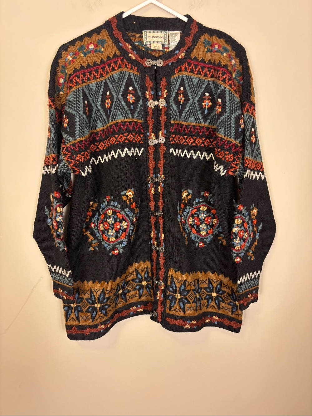 Monsoon Black Wool Folk-Pattern Button Cardigan Sweater Women’s Medium